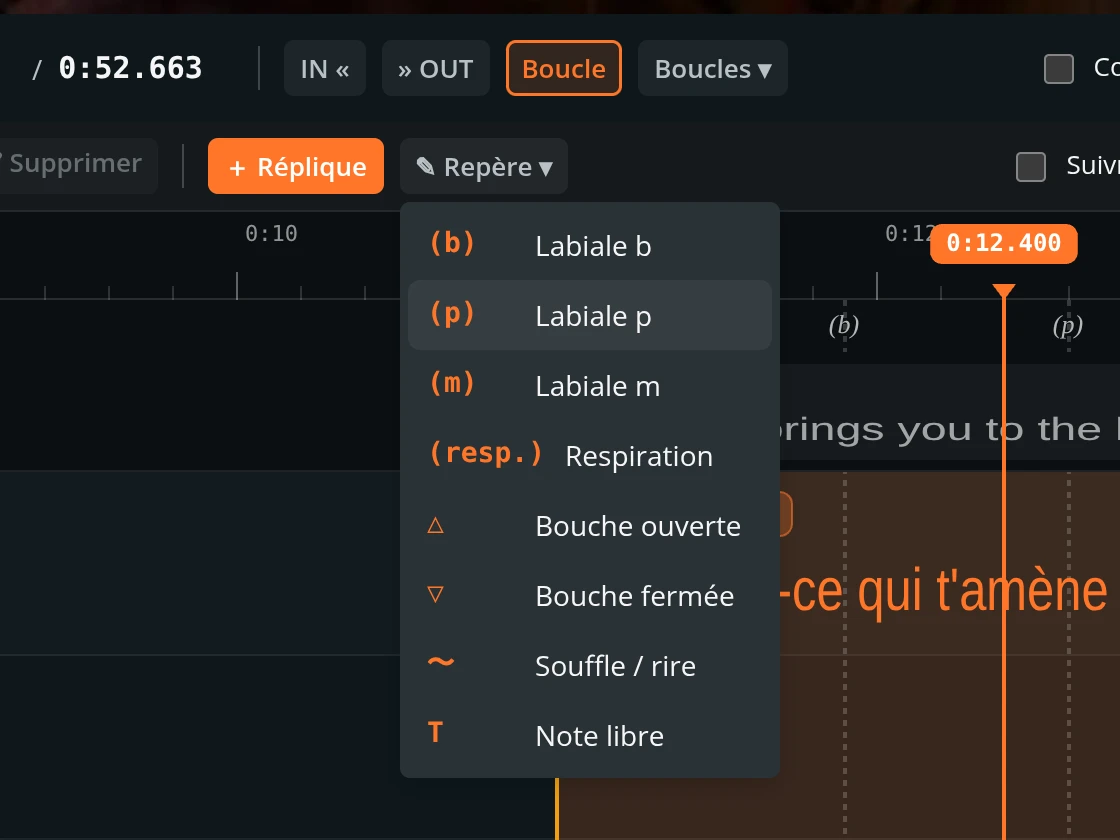 Menu des repères labiaux posés sur la bande rythmo