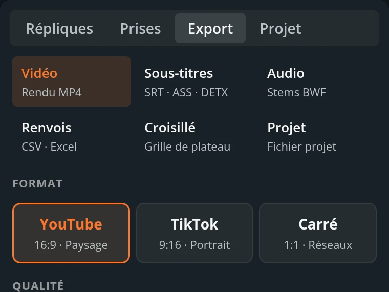 Export vidéo MP4 avec bande rythmo incrustée, sous-titres et stems