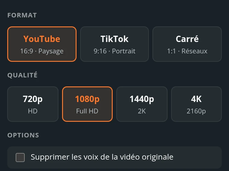 Panneau d’export : format YouTube, TikTok ou carré, qualité 720p à 4K