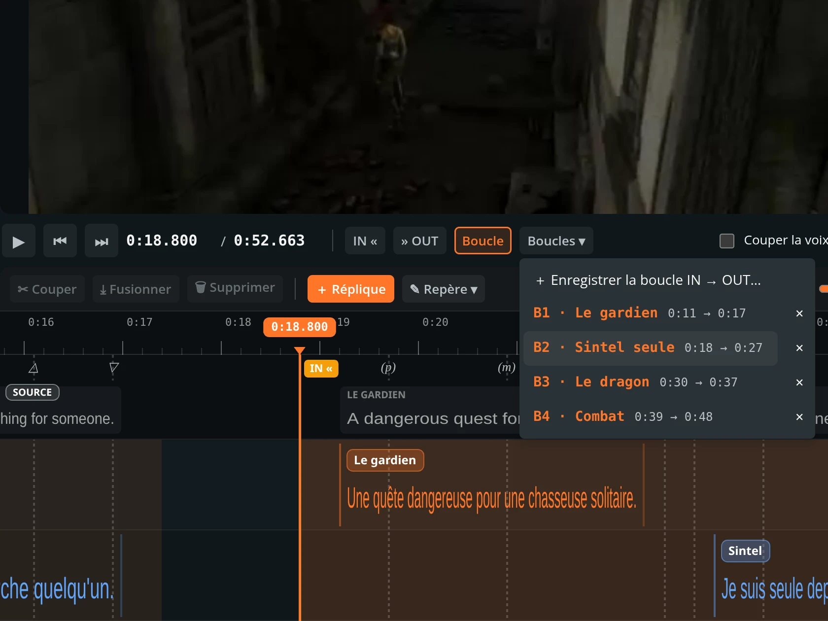 Menu des boucles nommées au-dessus de la bande rythmo dans Rythmo Studio